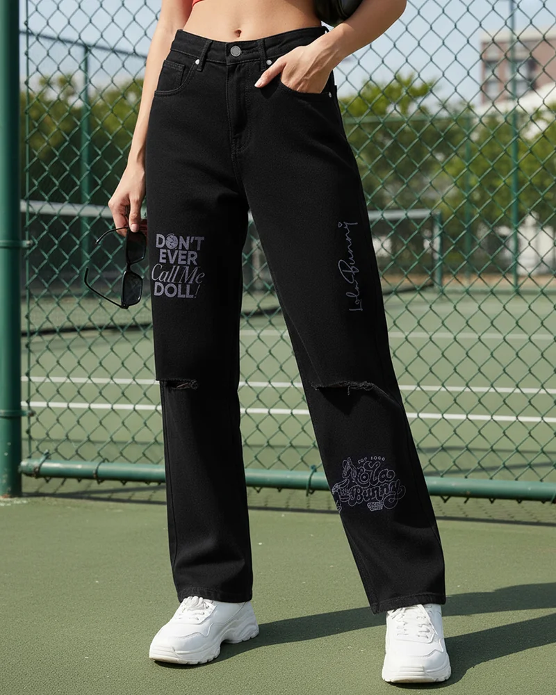 bewakoof Women's Black Distressed Washed Straight Fit Jeans